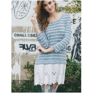 A'reve handmade striped sweater with eyelet lace hem blue white